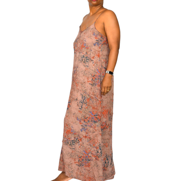 Hinge Slip Dress Brown Print Maxi Rayon Sundress Spaghetti Straps Flowy Small - Picture 2 of 13
